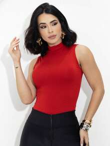 Women's Fitted High Neck Tank Top In Elegant Red Suplex Fabric With Bottle Tag - 紅色的 - 查看 1
