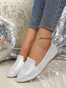 Gold & Silver Matte Pointed Toe Slip-On Shoes, New Spring Soft Casual Comfortable Flat Shoes, Large Size Suitable For Work, Casual Wear, Bow Decor, All Season - Silver - View 2