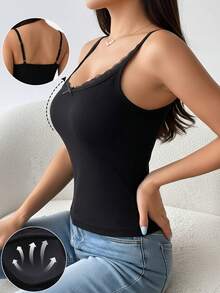 1pc Casual Comfortable Minimalist Women Lace Patchwork Bralette Camisole, Slim Fit Cropped Sleeveless Tank Top - Black - View 2