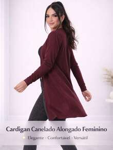 Women's Ribbed Cardigan, Long Sleeve, Open, Casual, Elegant - Màu Đỏ Sâu - Xem 5