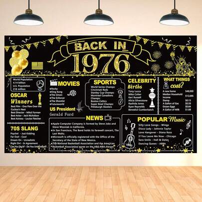 1pc 50th Birthday Black & Gold Party Decor, 1976 Theme Banner, 50th Birthday Party Poster Supplies, Retro 1976 Photography Backdrop, Unisex, 50th Anniversary Reunion Decoration
