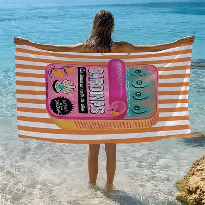1pc Orange Striped Fish Canned Retro Sardine Print Beach Towel/Bath Towel, Single-Sided Printing, Quick-Drying Super Soft Fiber Beach Towel, Sun Protection Shawl, Yoga Mat, Portable Holiday Beach Pool Sports Towel, Skin-Friendly Soft Gift Towel, Lightweight Towel For Bathroom And Beach