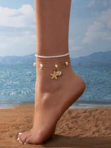 3 Peças/Conjunto Tornozeleira Estilo Boêmio de Praia com Estrela do Mar, Concha e Pérola Falsa em Aço Inoxidável, Adequado para Homens e Mulheres, Uso Diário e Férias - Multicolorido - Visão 2