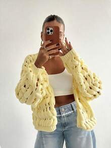 Spring/Summer New Women Knitted Cardigan, Casual Street Style, Hollow-Out Design With Button, Long Sleeve Solid Color Jacket With Unique Design - Light Yellow - View 5
