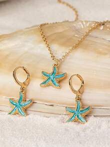 3件套夏季假日海洋风项链耳环套装，海星耳环，适合日常佩戴或旅游度假 - 淺藍色 - 查看 1