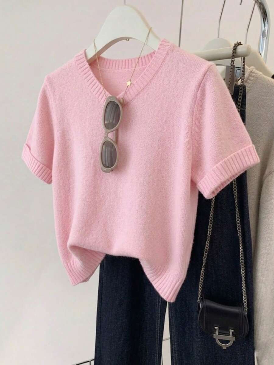Top de punto acanalado de unicolor, de moda para uso casual en primavera/verano, color rosa - Rosa - Ver 1