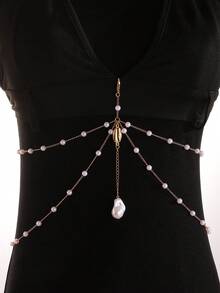 1pc Fashionable Sexy Faux Pearl Shell Pendant Body Chain/Necklace, Versatile Beach Vacation Wear For Women, Memorable Gift For Friends, Family, Couples, Handmade Jewelry Accessory - Gold - View 4