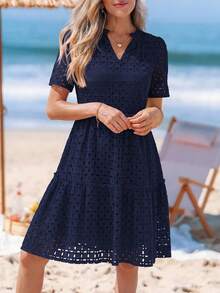 PRETTYGARDEN Women's Summer Dress V-Neck Hollow Eyelet Ruffle A-Line Hem Elegant Short Casual Wedding Graduation Travel Beach Holiday Vacation Navy Blue Dresses For Women - 藏蓝色 - 查看 5