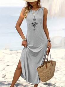 [Compass Print Tank Dress] Comfortable Sleeveless Tank Dress With Compass Print - Casual Long Sleeveless Midi Dress For Women, Lightweight Polyester, Perfect For Beach Outings, Hiking, And Casual Attire, Casual Wear Dress| Relaxed Fit Dress| Minimalist Design - 灰色 - 查看 6