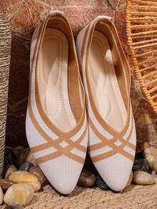Damen gestreifte Spitze Zehen Strick Slip-On Flache Schuhe, gestreifte modische Lässig Strand Boho bequeme Flache Schuhe für Zuhause & alle Jahreszeiten - Weiss - Übersicht 3