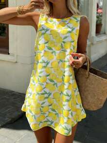 女士时尚优雅简约高端沙滩度假圆领无袖套头衫，饰有随机柠檬印花设计，搭配修身迷你裙，夏季度假休闲套装 - 彩色 - 查看 3