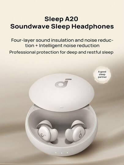 Soundcore The Sleep A20 Earbuds Are Wireless Bluetooth In-Ear Headphones That Won't Press On Your Ears While Sleeping. They Feature Noise-Canceling Earplugs To Aid Sleep, 4-Layer Noise Isolation Plus Intelligent Noise Cancellation, And Are Made Of Skin-Friendly Supermolecular Silicone. They Are Compatible With Bluetooth Phones From Apple, Samsung, Xiaomi, And Other Brands.