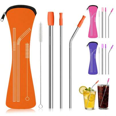8件套彩色个性化不锈钢吸管套装，便携式餐具，可重复使用的金属吸管配硅胶吸嘴，带保护收纳盒，内含3根吸管、1个清洁刷、1个收纳袋和3个硅胶吸嘴，尺寸为24厘米（9.45英寸）*3厘米（2.76英寸），适合海滩、学校午餐、奶茶、户外活动、露营、野餐、婚礼派对、母亲节、生日礼物等场合。