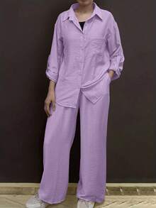 Cardigan casual con cuello polo ligero, blusa elegante de unicolor versátil adecuada para la playa, el diario, el trabajo, las compras, pantalones de pierna ancha con cintura relajada de tel - Lila Púrpura - Ver 3