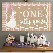 1set,One Silly Goose Birthday Banner Decor, Kraft Paint Paper Decoration One Silly Goose Backdrop For Princes First Birthday Party Decorations,Cute Goose With Pink Hat & Balloon Design For Babe 1st Birthday, Farm Themed Party & Photo Booth Background,Goose 1st Birthday Banner Gender Neutral Celebration & Photo Booth - View 1