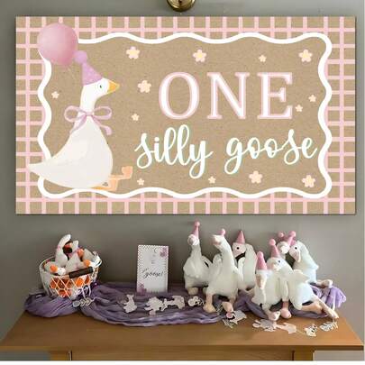 1set,One Silly Goose Birthday Banner Decor, Kraft Paint Paper Decoration One Silly Goose Backdrop For Princes First Birthday Party Decorations,Cute Goose With Pink Hat & Balloon Design For Babe 1st Birthday, Farm Themed Party & Photo Booth Background,Goose 1st Birthday Banner Gender Neutral Celebration & Photo Booth