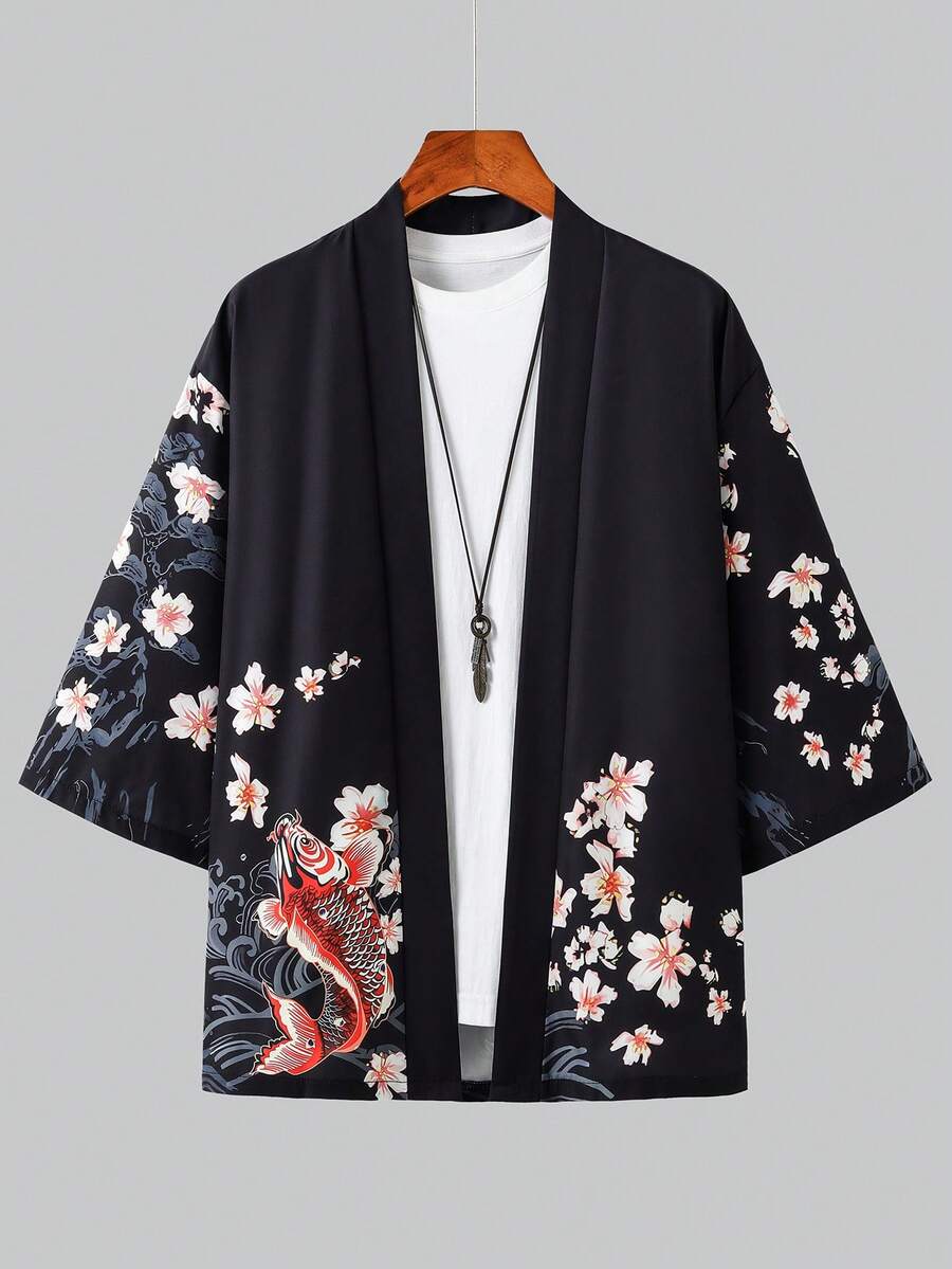 浮世绘樱花锦鲤印花七分袖和服开衫，男士宽松休闲防晒浴袍，日式外套 - 黑色 - 查看 1