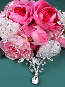 1 pieza Tocado de novia minimalista con cristales, aro para el cabello con gota y accesorio de cadena de cabello simétrica - Plateado - Ver 4