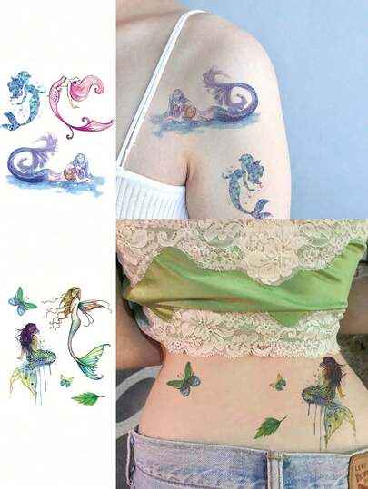 2 Sheets Glitter Body Art Temporary Tattoo Stickers, Mermaid And Butterfly Patterns, Waterproof Fake Tattoo, Lasting 2-5 Days And Can Be Used On Arms, Neck, Chest, Waist And Legs. Perfect For Festivals, Parties, Vacations And Gift Giving.