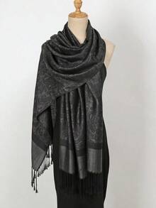 1pc Retro Versatile Paisley Pattern Jacquard Pashmina Scarf With Tassel, Soft & Warm, Casual & Fashionable, Suitable Daily Commute Outfit Decoration - 黑色 - 查看 2