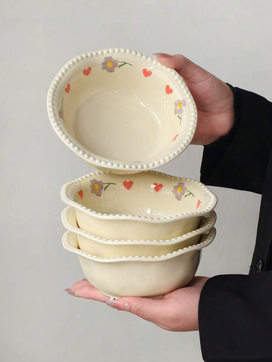1pc Ins-Style High-Quality Ceramic Heart Flower Rim Rice Bowl, Delicate Underglaze Colorful Heart Ceramic Bowl, Suitable For Home Rice, Porridge, Snacks, Desserts, Restaurants, Kitchens, Dessert Shops - Multicolor - View 1
