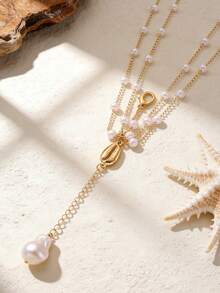 1pc Fashionable Sexy Faux Pearl Shell Pendant Body Chain/Necklace, Versatile Beach Vacation Wear For Women, Memorable Gift For Friends, Family, Couples, Handmade Jewelry Accessory - Gold - View 5
