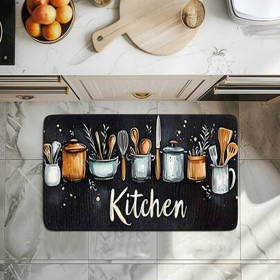 1pc Non-Slip Patterned Kitchen Mat, Modern Rectangular Washable Decorative Carpet, Soft & Comfortable, Foldable & Easy Care, Suitable For Kitchen, Entryway, Bathroom, Bedroom, Living Room, Dining Room, Indoor Anti-Slip Rug, Home Decor, Holiday Gift, Kitchen Accessory