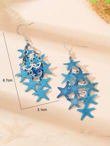 1对夏季沙滩饰品，海洋系列蓝色多层海星吊坠耳环，适合女士度假装扮 - 藍色 - 查看 4
