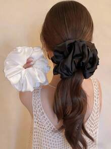 2pcs/1pc Women 14cm/5.51in Super Large Silky Satin Black/White Hair Scrunchies, Fashion Versatile Elegant Minimalist Solid Color Hair Ties, Suitable For Daily Casual, Commute, Vacation, Ponytail, Bun, Face Washing, Makeup, Outfit Matching Hair Elastics Hair Rubber Bands Hair Rope Elastic Hair Tie,Festival,Party - Multicolor - View 5