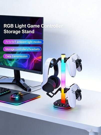RGB Gaming Headset & Controller Halterung - Universal für Gaming-Controller USB-C Datenübertragung 10 RGB Ambient Light Modi rutschfester Standfuß Desktop Aufbewahrungsorganizer Gaming Zubehör, ideales Geschenk für Gamer