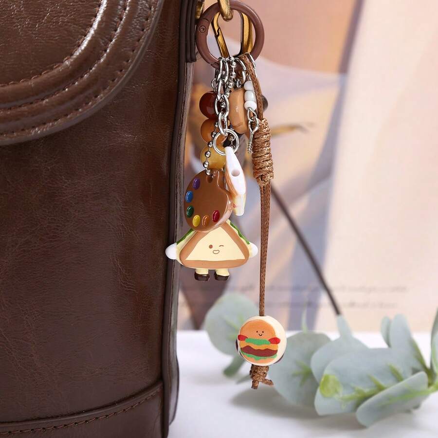 3 Móc khóa acrylic hình đồ ăn Mỹ cổ điển, gấu bông, bánh mì pizza, túi xách thời trang, mặt dây chuyền, phụ kiện túi xách. - Nhiều màu - Xem 1