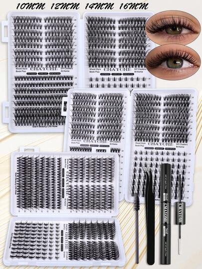 608/544/528pcs D-Curl Natural Faux Eyelashes, Length: 10-16mm, Handmade Fluffy & Lightweight False Lashes, Includes Lash Glue, Tweezers & Brush, Reusable, Suitable For Party, Shopping, Work & Leisure