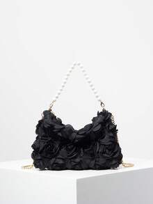Crossbody Bag, Floral Print, Pearl Decor, Chain Strap, Women's Handbag, Gala Night, Party Outfits, Prom Bag, Prom Accessories, Wedding Items, Elegant Women's Wallet, Gifts For Women (Pattern Random) - Black - View 3
