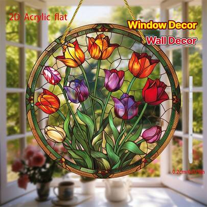 1/2pcs Tulip Shaped Acrylic Hanging Decor, 2D Flat Acrylic Colorful Painted Glass Style Window Decoration, Vivid Multicolor Floral Art Piece For Living Room, Balcony, Home Wall Decor
