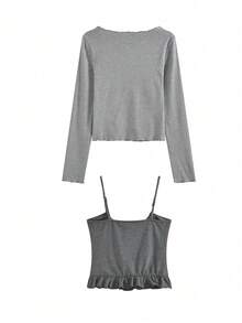 两件套韩式荷叶边波点吊带T恤，修身百搭，春季休闲风 - 灰色 - 查看 5