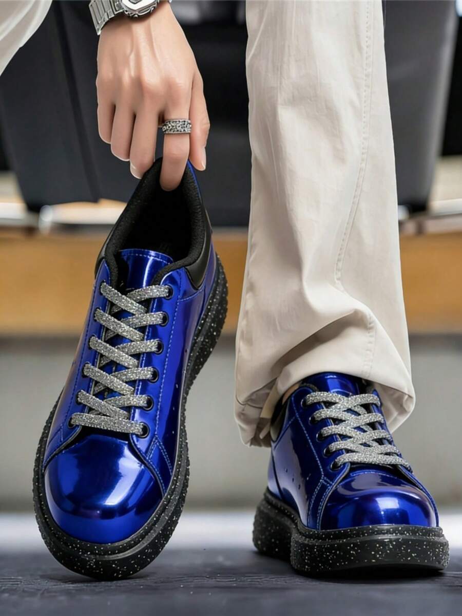 Men's Silver Metallic Thick Sole Sneakers, Glitter Laces, Ink Splash Sole, Fashionable Casual Shoes - Blue - View 1