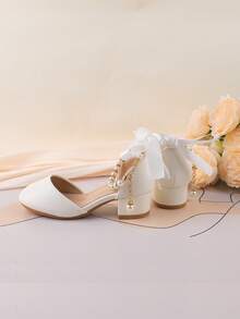 Flower Girl Shoes For Wedding, Party, Holiday, Suitable For Toddler, Little And Big Girls, Classic Comfortable Versatile White Pearl Bow Tie Flat Dress Shoes, Formal Occasion, Performance, Ballet, Princess Pumps - White - View 7
