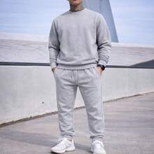 Sweatshirt And Pants Set With Pockets, Winter, Casual, Basic, Unisex, Plain - Grey - View 1