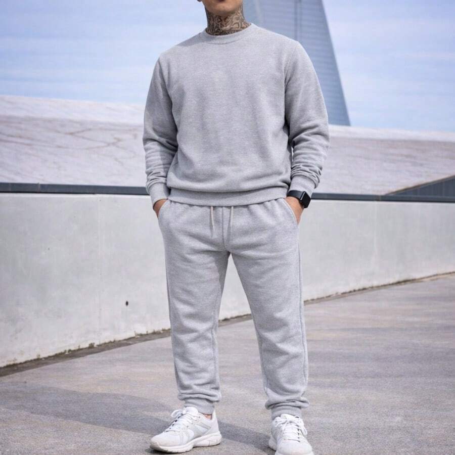 Sweatshirt And Pants Set With Pockets, Winter, Casual, Basic, Unisex, Plain - Grey - View 1