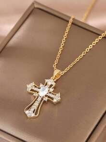 金色水钻十字架吊坠，独特设计，ins风项链，女士款 - 金黃色 - 查看 1