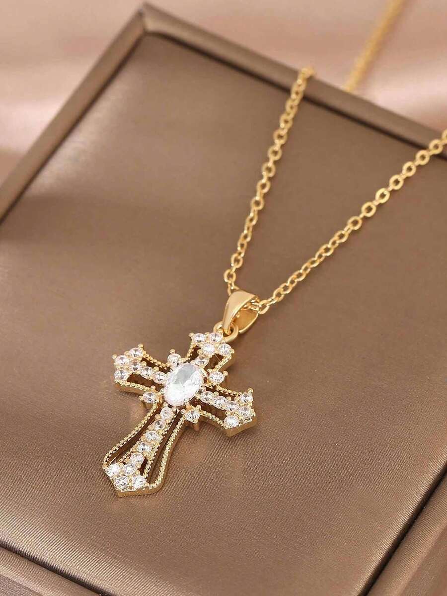 金色水钻十字架吊坠，独特设计，ins风项链，女士款 - 金黃色 - 查看 1