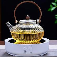 1个条纹南瓜形高硼硅玻璃茶壶，配胡桃木手柄，高品质玻璃茶壶 - 彩色 - 查看 4