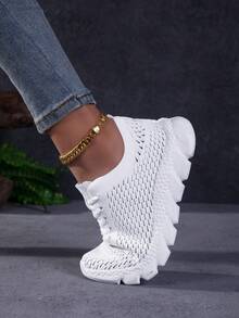 36-44 White Knitted Women's Lace-Up Casual Sports Shoes, Mesh Breathable Lightweight Versatile Outdoor Summer Commute/Walking/Daily/Tennis/Back To School - White - View 10