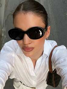 1 pieza Gafas de moda ovaladas retro de gran tamaño para mujer, accesorio de moda para vacaciones de verano en la playa, gafas de estilo Ins para fotografía callejera - Negro - Ver 1