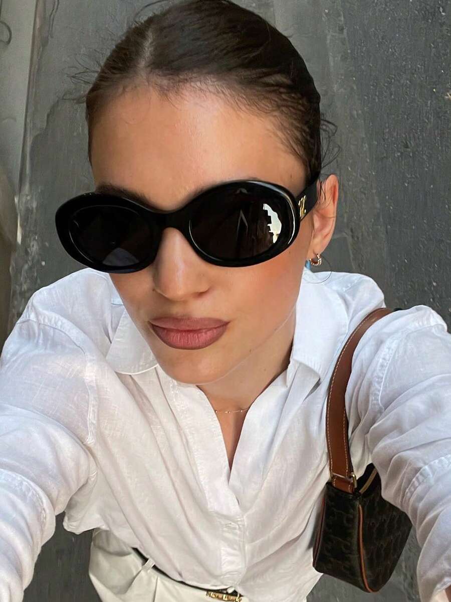 1 pieza Gafas de moda ovaladas retro de gran tamaño para mujer, accesorio de moda para vacaciones de verano en la playa, gafas de estilo Ins para fotografía callejera - Negro - Ver 1