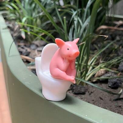1pc Cute Pig Sitting On Toilet Sculpture, PVC Decorative Figurine Suitable For Bathroom Countertop, Wall, Home Office Desk, Living Room Decor To Add Decorative Sculpture