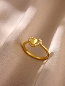 1 pieza Anillo de corazón de circonita cúbica vintage para mujer, color dorado, anillo geométrico para boda, fiesta y regalo de joyería - Dorado - Ver 12