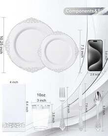 Nervure 350PCS Silver Plastic Dinnerware - White And Silver Disposable Plates For 50 Guests - 100 Disposable Plates, 150 Plastic Silverware, 50 Cups, 50 Napkins For Wedding &Amp; Party - 銀 - 查看 3