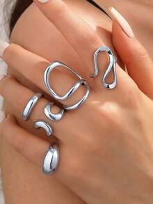 Set de 5 anillos geométricos para mujer, diseño de metal retorcido para nudillos, versátil - Juego de anillos - Ver 7