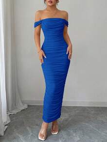 PRETTYGARDEN Women's Summer Dresses Off The Shoulder Dress Ruched Bodycon Sleeveless  Evening Elegant Dresses Wedding Guest Graduation  Cocktail Club Party Blue Maxi Dresses - 藍色 - 查看 5